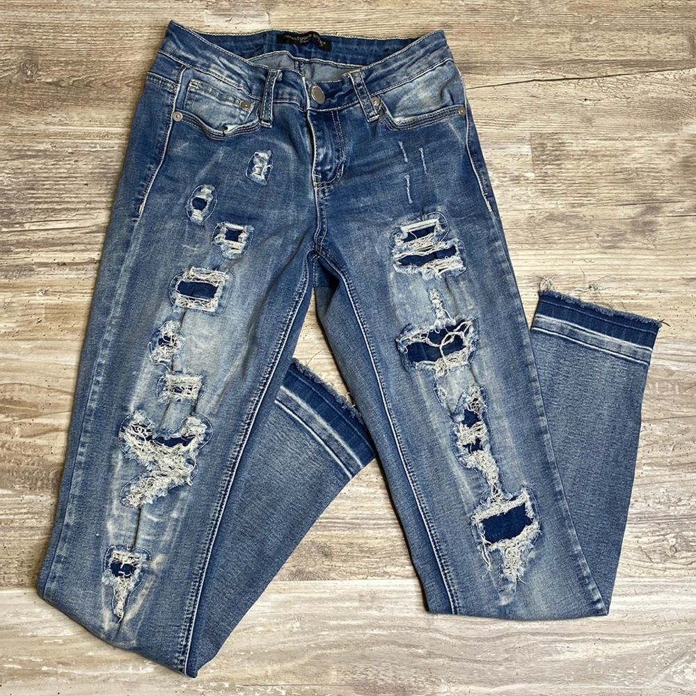Twentyone Black rue21 Jeans Mid Rise Jegging Flex Distressed Womens Size 0